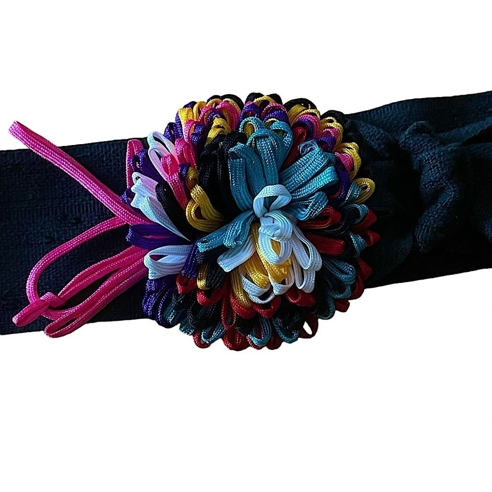 Rebecca's Wide Black Textile Belt D Ring Multicolor Flower Detail Vintage M/L